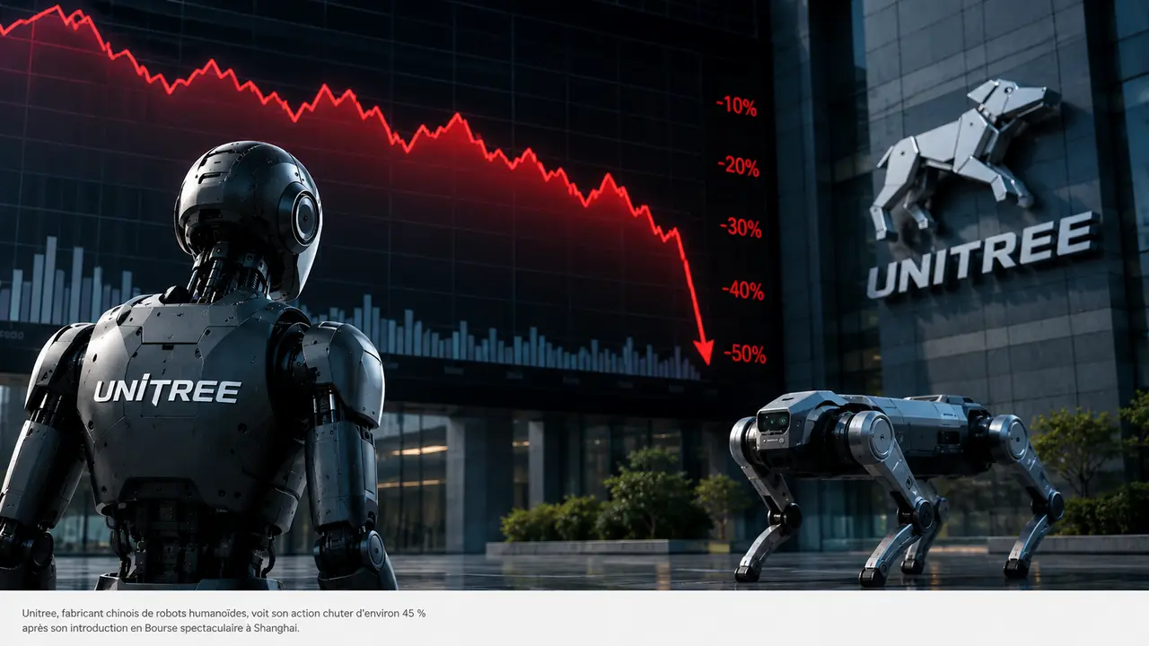 Robot humanoïde Unitree devant un graphique boursier en forte baisse, illustrant la chute d’environ 45 % de l’action Unitree après son introduction en Bourse à Shanghai.