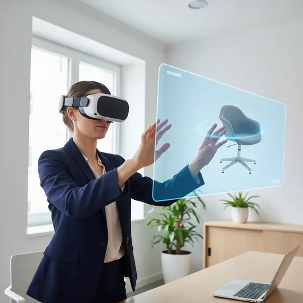 Une personne utilisant un casque de réalité augmentée pour visualiser un canapé virtuel dans son salon, illustrant le potentiel du V-Commerce PME Vision pour le commerce de détail immersif.