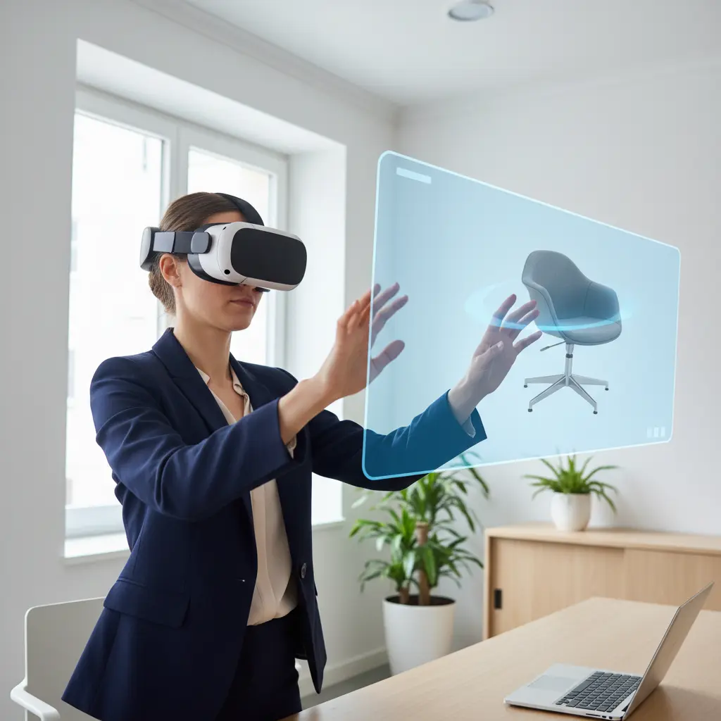 Une personne utilisant un casque de réalité augmentée pour visualiser un canapé virtuel dans son salon, illustrant le potentiel du V-Commerce PME Vision pour le commerce de détail immersif.
