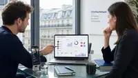Deux professionnels analysent une campagne d’influence marketing ValueYourNetwork dans un bureau moderne à Paris, avec un ordinateur affichant un tableau de bord de créateurs, d’engagement, d’audience et de performances sur les réseaux sociaux.