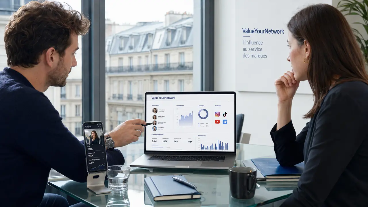 Deux professionnels analysent une campagne d’influence marketing ValueYourNetwork dans un bureau moderne à Paris, avec un ordinateur affichant un tableau de bord de créateurs, d’engagement, d’audience et de performances sur les réseaux sociaux.