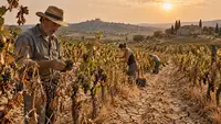 Viticulteur français examinant une faible récolte de raisins dans un vignoble asséché par la sécheresse et la canicule lors des vendanges 2026, alors que la production française de vin pourrait tomber à son plus bas niveau depuis 1957.