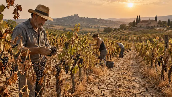 Viticulteur français examinant une faible récolte de raisins dans un vignoble asséché par la sécheresse et la canicule lors des vendanges 2026, alors que la production française de vin pourrait tomber à son plus bas niveau depuis 1957.
