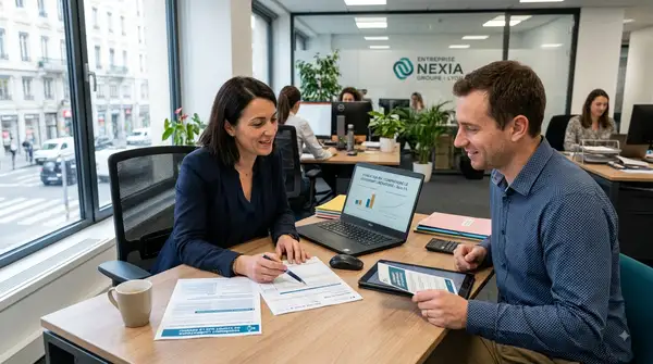 Un entrepreneur et une conseillère financière ou comptable discutent dans un bureau moderne et lumineux. Sur le bureau en bois sont posés des documents administratifs français, une tablette, une tasse de café et un ordinateur portable affichant une présentation intitulée « Comprendre le versement libératoire ». En arrière-plan, d'autres collaborateurs travaillent dans un espace ouvert avec de grandes baies vitrées donnant sur la ville.