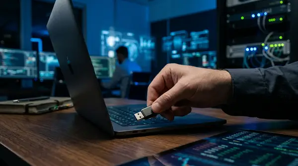 Illustration d'une clé USB infectée par le Virus USB Microsoft Mistic ciblant un ordinateur de PME.