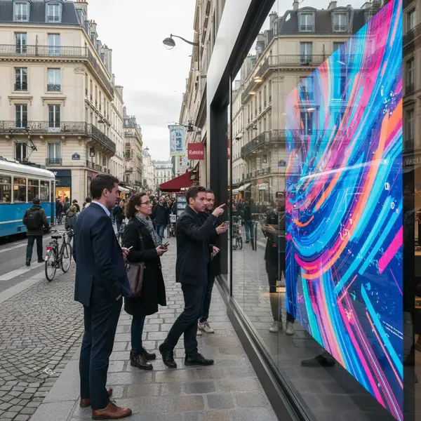 Vitrine connectée moderne d'un petit commerce de proximité, affichant des promotions dynamiques et attirant des passants dans une rue animée. Optimisé pour la recherche 'vitrine connectée commerce proximité'.