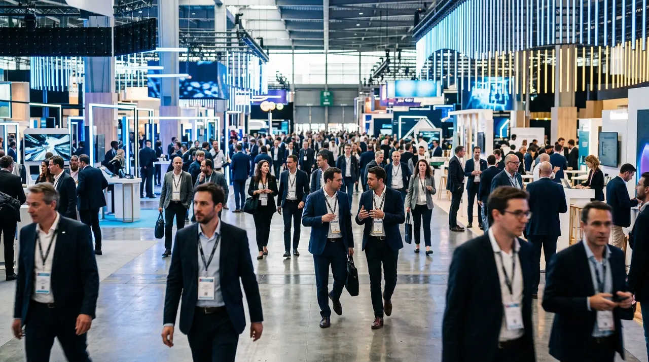 Dirigeant de PME analysant VivaTech Ia, robots, et solutions d'autonomie sur un stand.