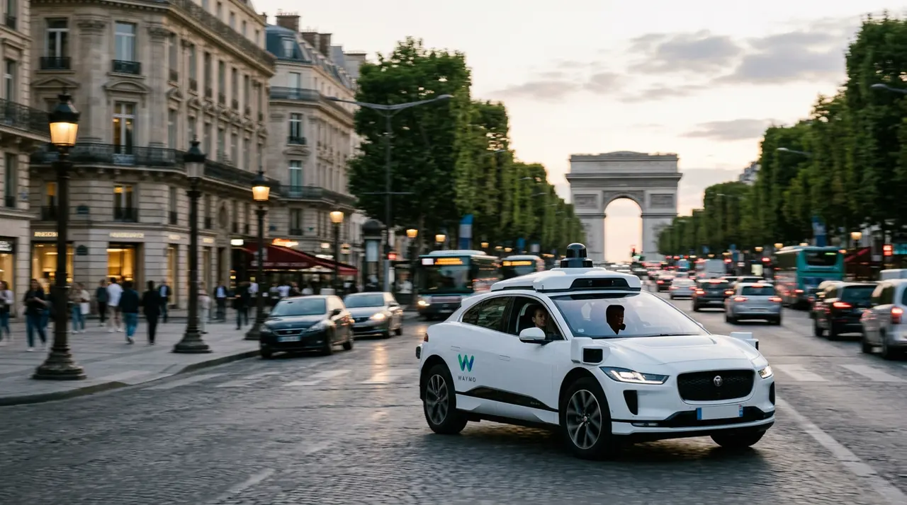Véhicule Waymo sans chauffeur circulant en ville pour illustrer l'arrivée des taxi autonomes France.