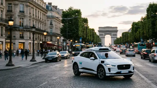 Véhicule Waymo sans chauffeur circulant en ville pour illustrer l'arrivée des taxi autonomes France.
