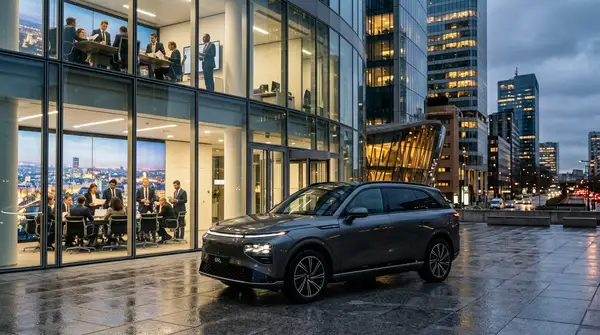 Vue latérale du nouveau SUV XPeng G9L électrique lors de sa présentation officielle au Mondial de l'Auto.