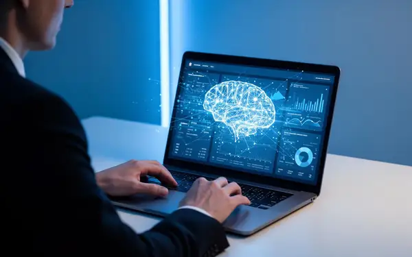 Dirigeant de petite entreprise souriant devant un écran affichant des graphiques d'IA, symbolisant comment utiliser l’IA pour optimiser la gestion et la productivité en 2026.