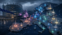 Illustration de la Commission européenne et d'opérateurs télécoms, symbolisant les tensions autour des fusions-acquisitions à Bruxelles et leurs conséquences sur le marché européen.
