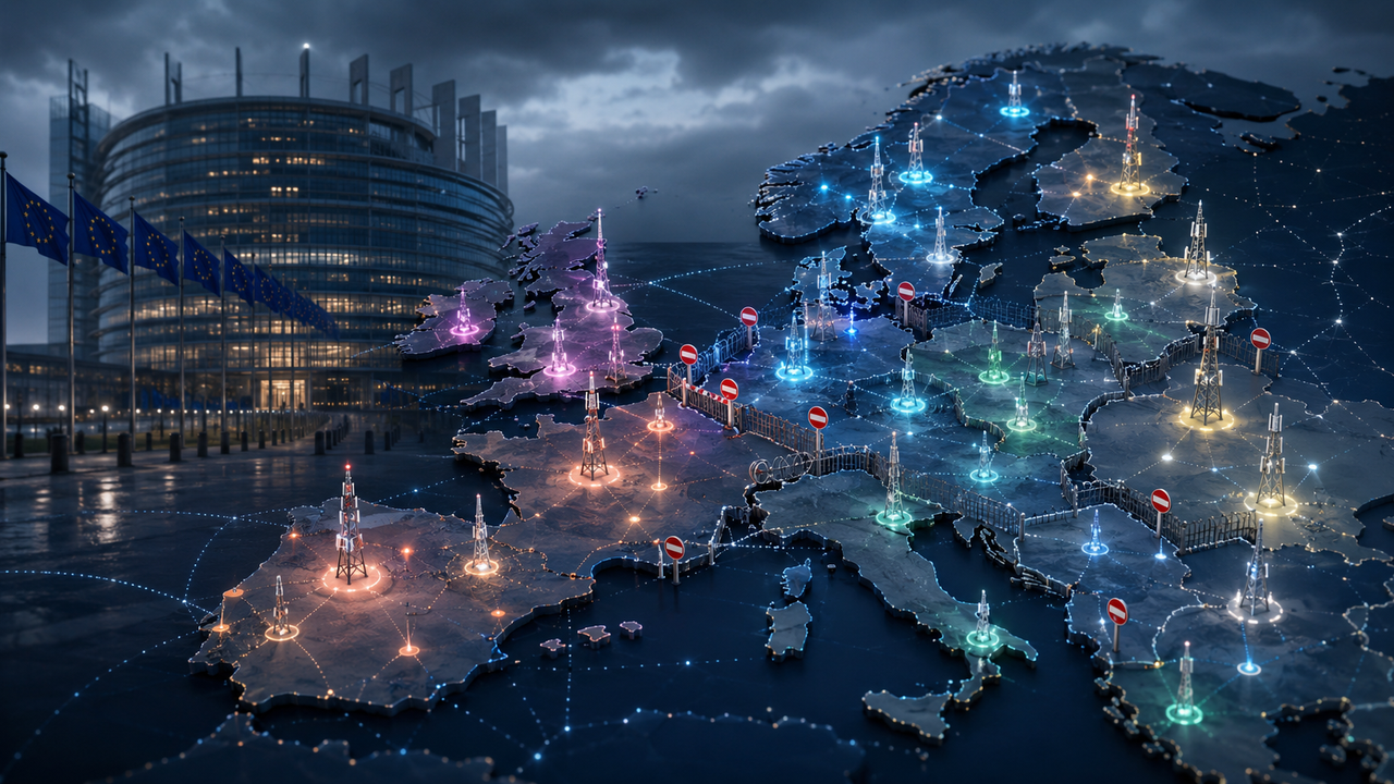 Illustration de la Commission européenne et d'opérateurs télécoms, symbolisant les tensions autour des fusions-acquisitions à Bruxelles et leurs conséquences sur le marché européen.