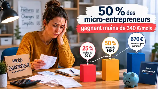 Une entrepreneure indépendante assise à son bureau consulte des factures et relevés de dépenses avec un air préoccupé. À droite de l’image, une infographie met en avant les faibles revenus des micro-entrepreneurs en France : 50 % gagnent moins de 340 € par mois, 25 % moins de 90 €, tandis que le revenu moyen atteint 670 € mensuels selon l’INSEE. Ambiance éditoriale professionnelle et réaliste.