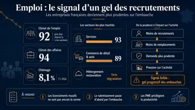 Infographie sur le gel progressif des recrutements en France, avec le climat de l’emploi à 92, le climat des affaires à 94, le chômage à 8,1 % et les secteurs les plus exposés. Crédit image : Entreprisma — infographie générée par intelligence artificielle à partir de données de l’Insee.