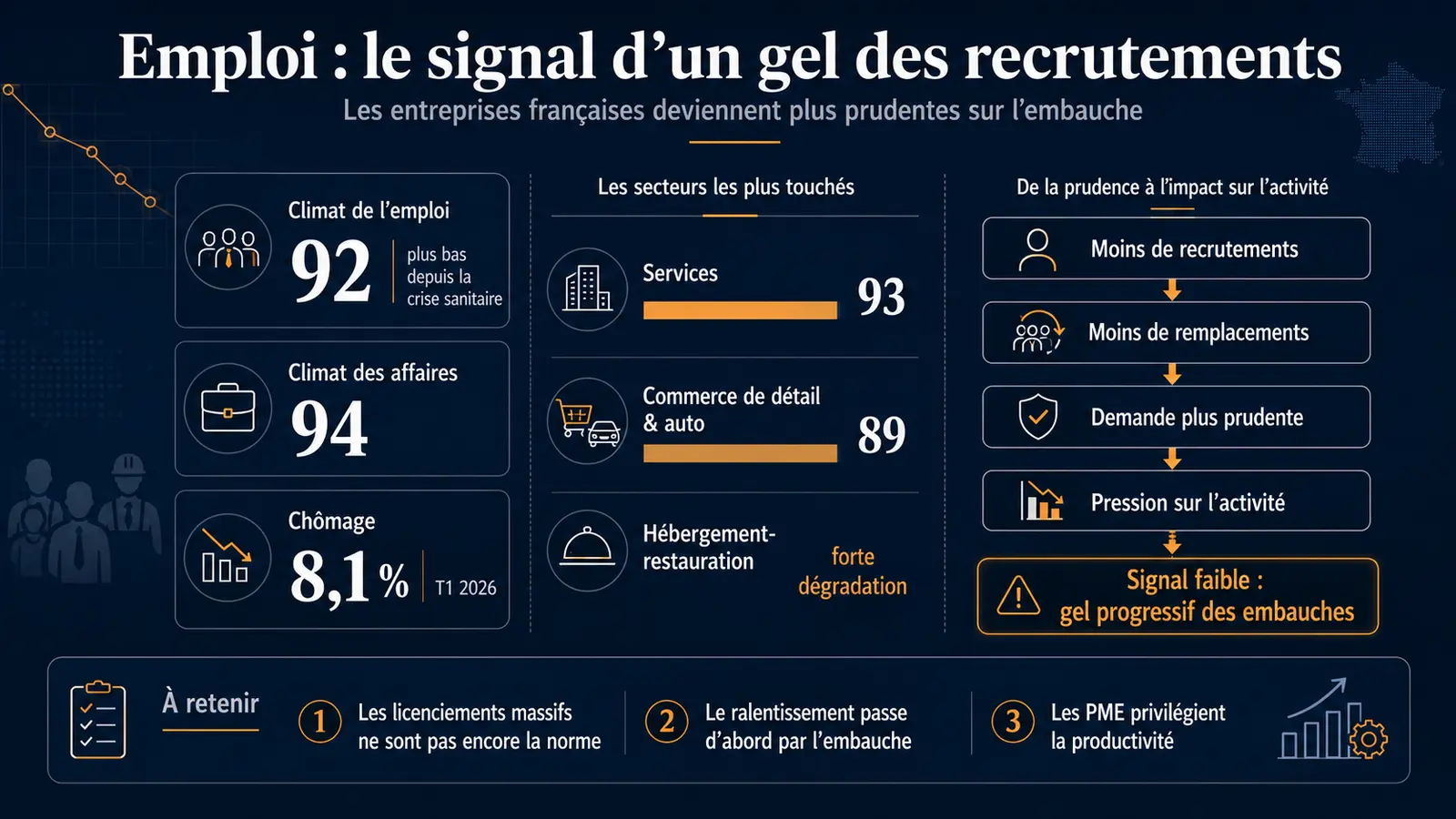 Infographie sur le gel progressif des recrutements en France, avec le climat de l’emploi à 92, le climat des affaires à 94, le chômage à 8,1 % et les secteurs les plus exposés. Crédit image : Entreprisma — infographie générée par intelligence artificielle à partir de données de l’Insee.