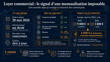 Texte alternatif : Infographie expliquant la mensualisation du loyer commercial en 2026, les entreprises concernées et l’impact sur la trésorerie des commerçants. Crédit image : Entreprisma — infographie générée par intelligence artificielle à partir de données officielles du ministère de l’Économie et de Service Public Entreprendre.
