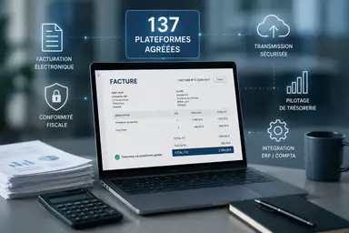 Ordinateur affichant une facture électronique, entouré d’icônes représentant 137 plateformes agréées, la conformité fiscale, la transmission sécurisée et le pilotage de trésorerie.