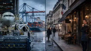 Industrie aéronautique et portuaire en activité face à une rue commerçante française peu fréquentée, illustrant une croissance économique sans reprise de la consommation.