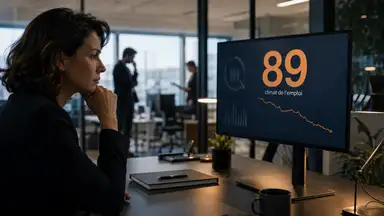 Dirigeante de PME observant un tableau de bord affichant le chiffre 89 et une courbe descendante, symbole du recul du climat de l’emploi en France en juin 2026.