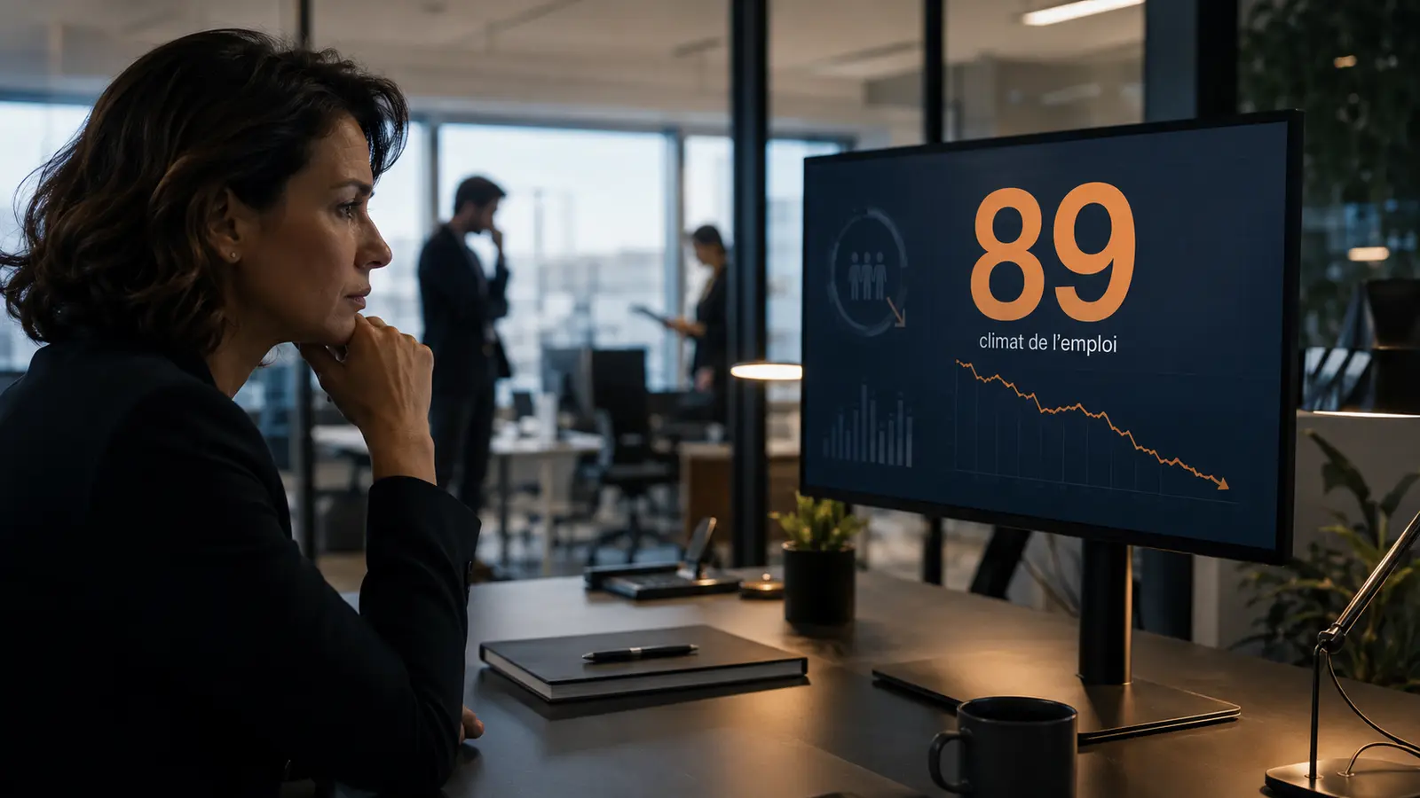 Dirigeante de PME observant un tableau de bord affichant le chiffre 89 et une courbe descendante, symbole du recul du climat de l’emploi en France en juin 2026.