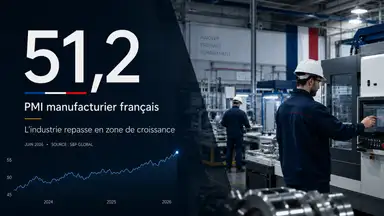 Illustration éditoriale d’une usine française moderne avec le chiffre 51,2, représentant le rebond du PMI manufacturier français en juin 2026 et le retour fragile de l’industrie en zone de croissance.