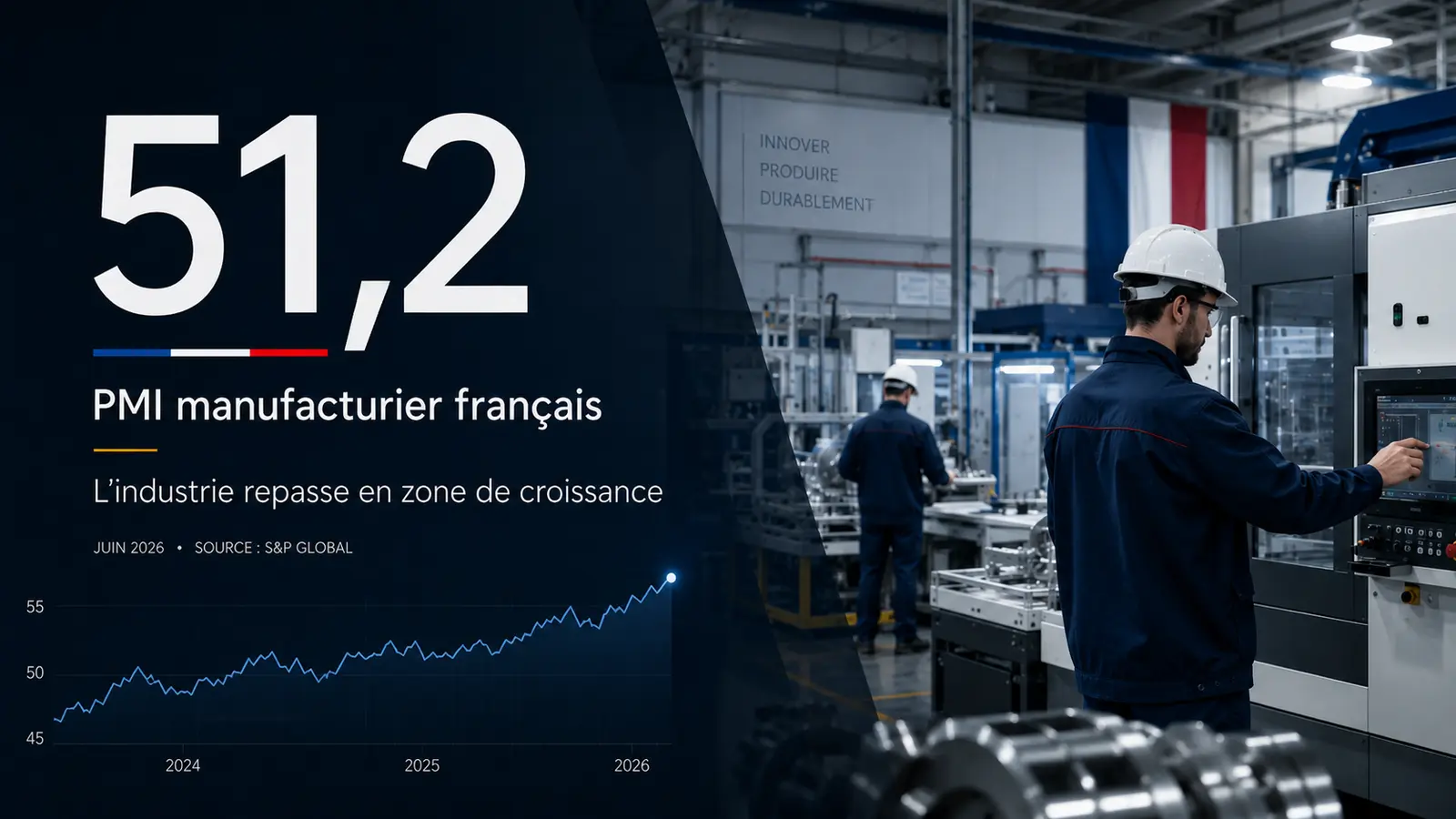 Illustration éditoriale d’une usine française moderne avec le chiffre 51,2, représentant le rebond du PMI manufacturier français en juin 2026 et le retour fragile de l’industrie en zone de croissance.