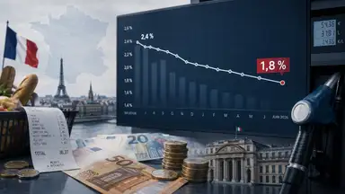 Graphique montrant le ralentissement de l’inflation française de 2,4 % à 1,8 % en juin 2026, entouré d’euros, d’un ticket de caisse et d’une pompe à carburant.