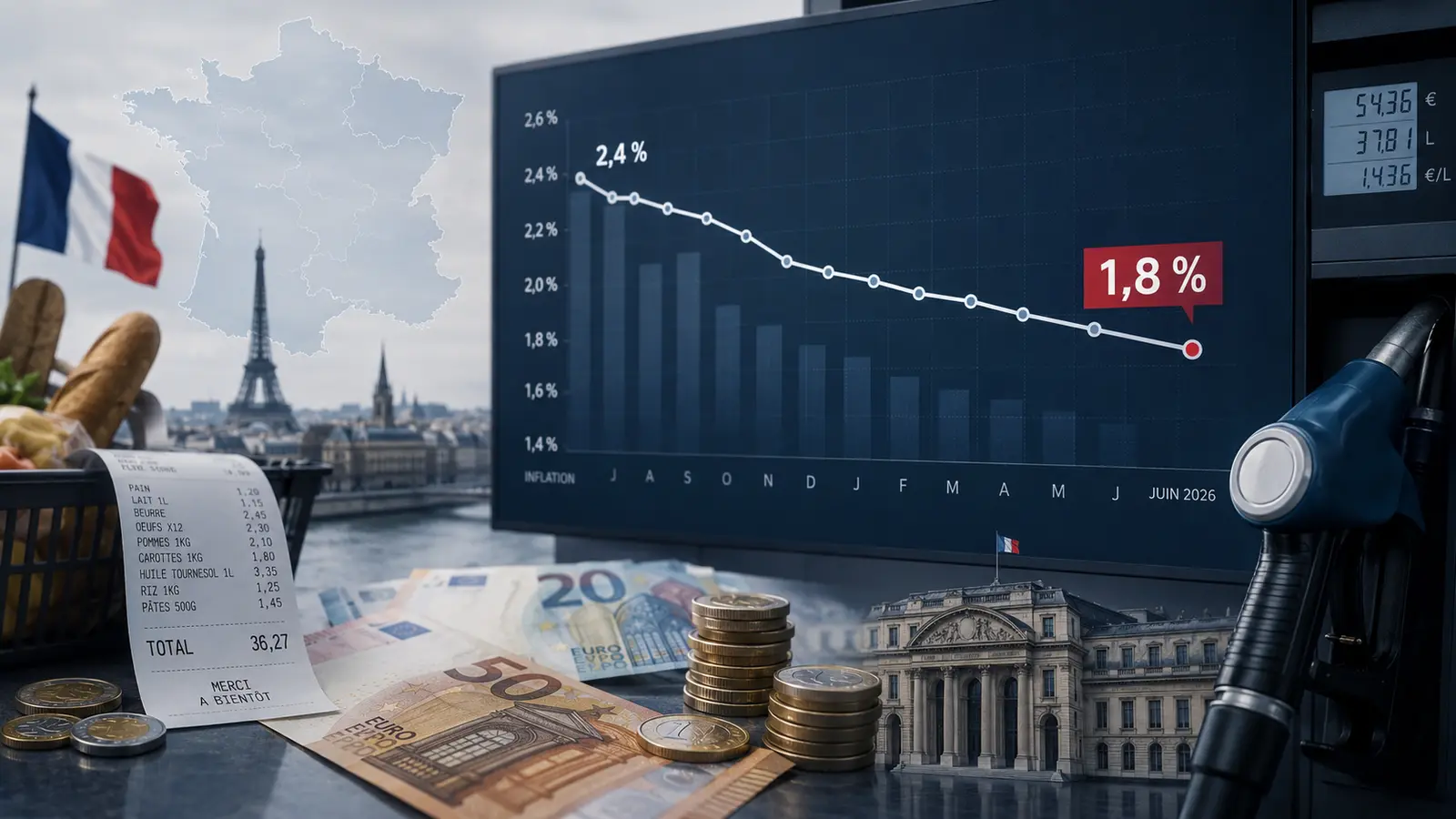 Graphique montrant le ralentissement de l’inflation française de 2,4 % à 1,8 % en juin 2026, entouré d’euros, d’un ticket de caisse et d’une pompe à carburant.