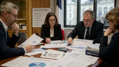 Réunion budgétaire dans une collectivité locale française, avec des élus analysant un risque de dépassement de 2 milliards d’euros des dépenses publiques en 2026.