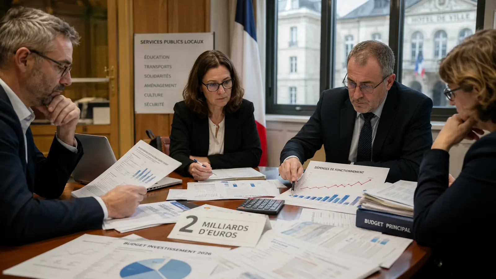 Réunion budgétaire dans une collectivité locale française, avec des élus analysant un risque de dépassement de 2 milliards d’euros des dépenses publiques en 2026.