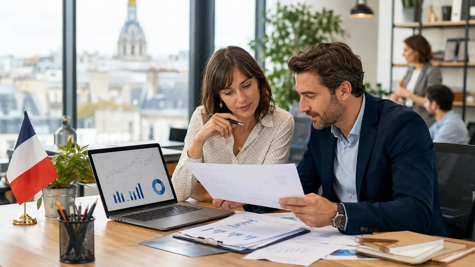 Deux entrepreneurs analysent des graphiques et des documents dans un bureau à Paris, illustrant la dynamique des créations d’entreprises en France en juillet 2026.