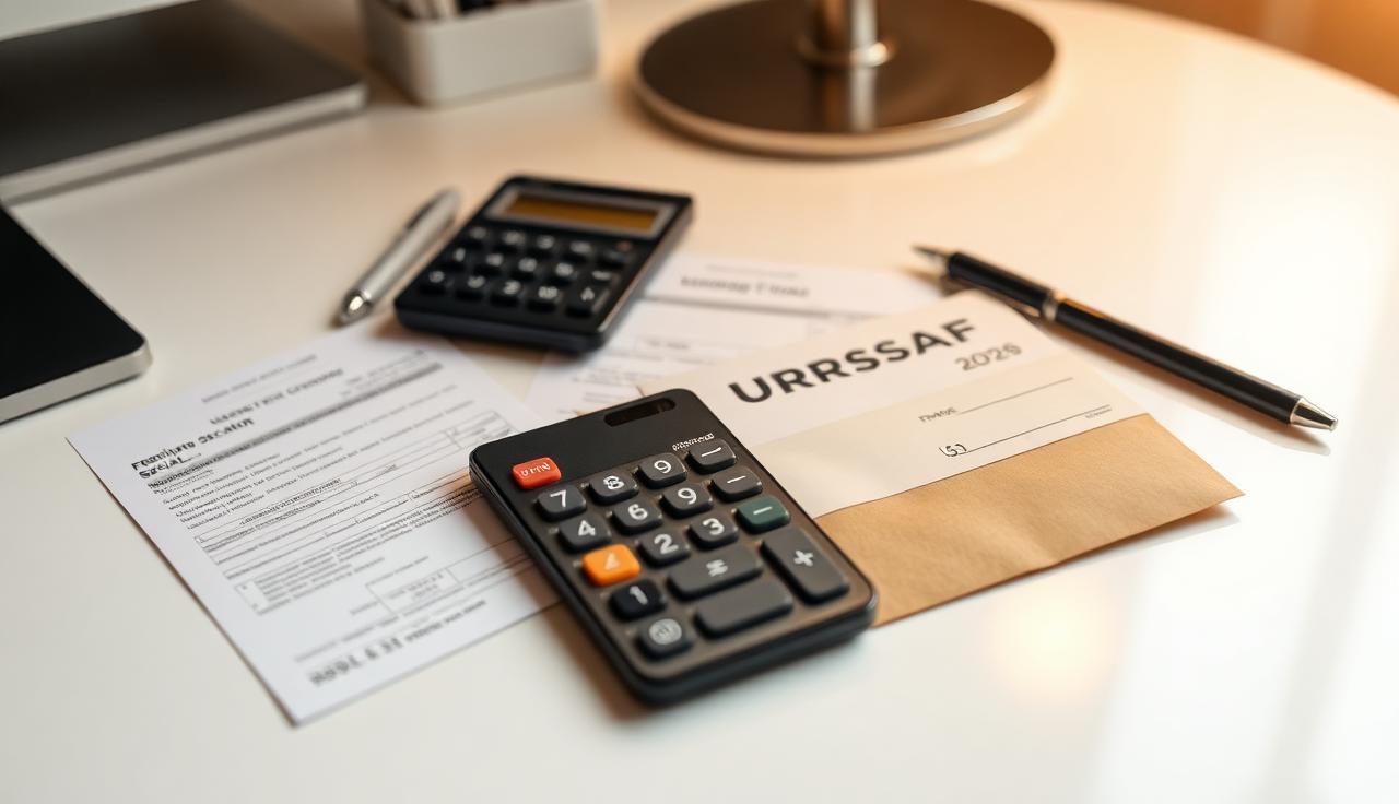 Calculatrice et documents URSSAF sur un bureau pour le calcul des charges sociales TNS
