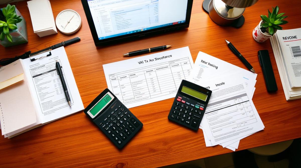 Comptabilité et TVA : bureau avec documents fiscaux, calculatrices et logiciel de facturation