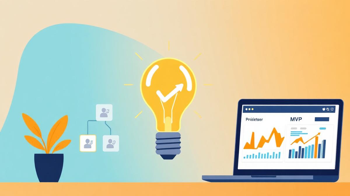 Validation idée business : ampoule, interviews utilisateurs et prototype MVP sur laptop